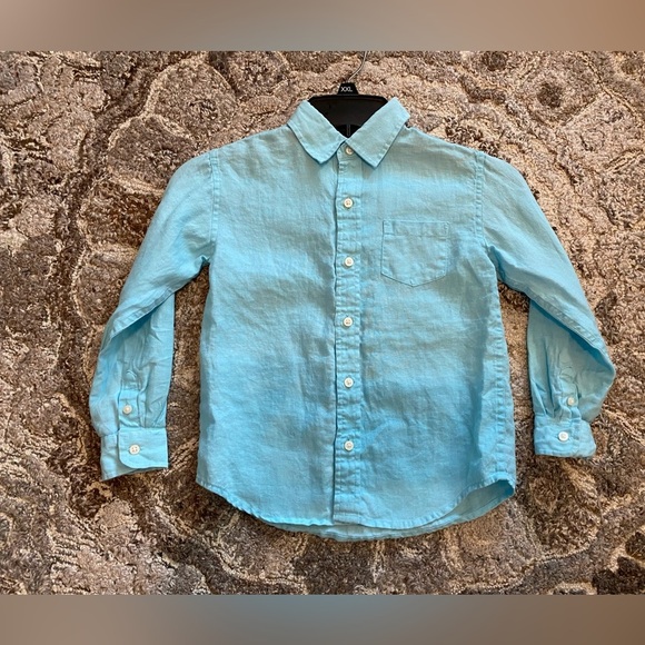 Janie and Jack Shirt Youth Boys Size 5 Blue 100% Linen Button Up Picture Beach - Picture 1 of 8